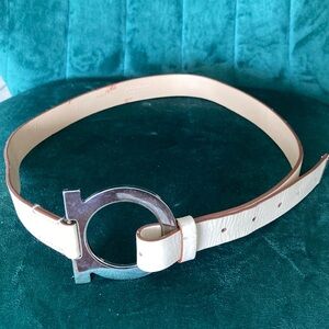Salvatore Ferragamo Cream Silver Belt with Geometric Buckle